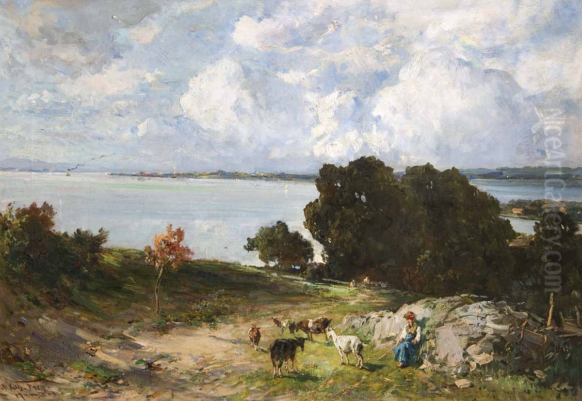 Weidevieh mit Magd am Bodensee Oil Painting by unknown