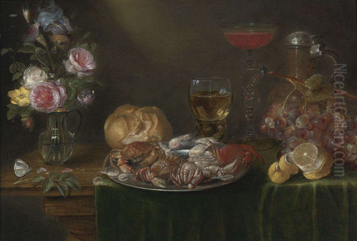 Still life with a vase with flowers, a pewter plate with crabs and shrimp, wine glasses, a pitcher, grapes and a lemon Oil Painting by Alexander Adriaenssen