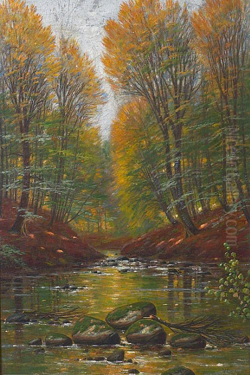 The forest at Moesgaard. Oil Painting by Wilhelm Ferdinand Leisner