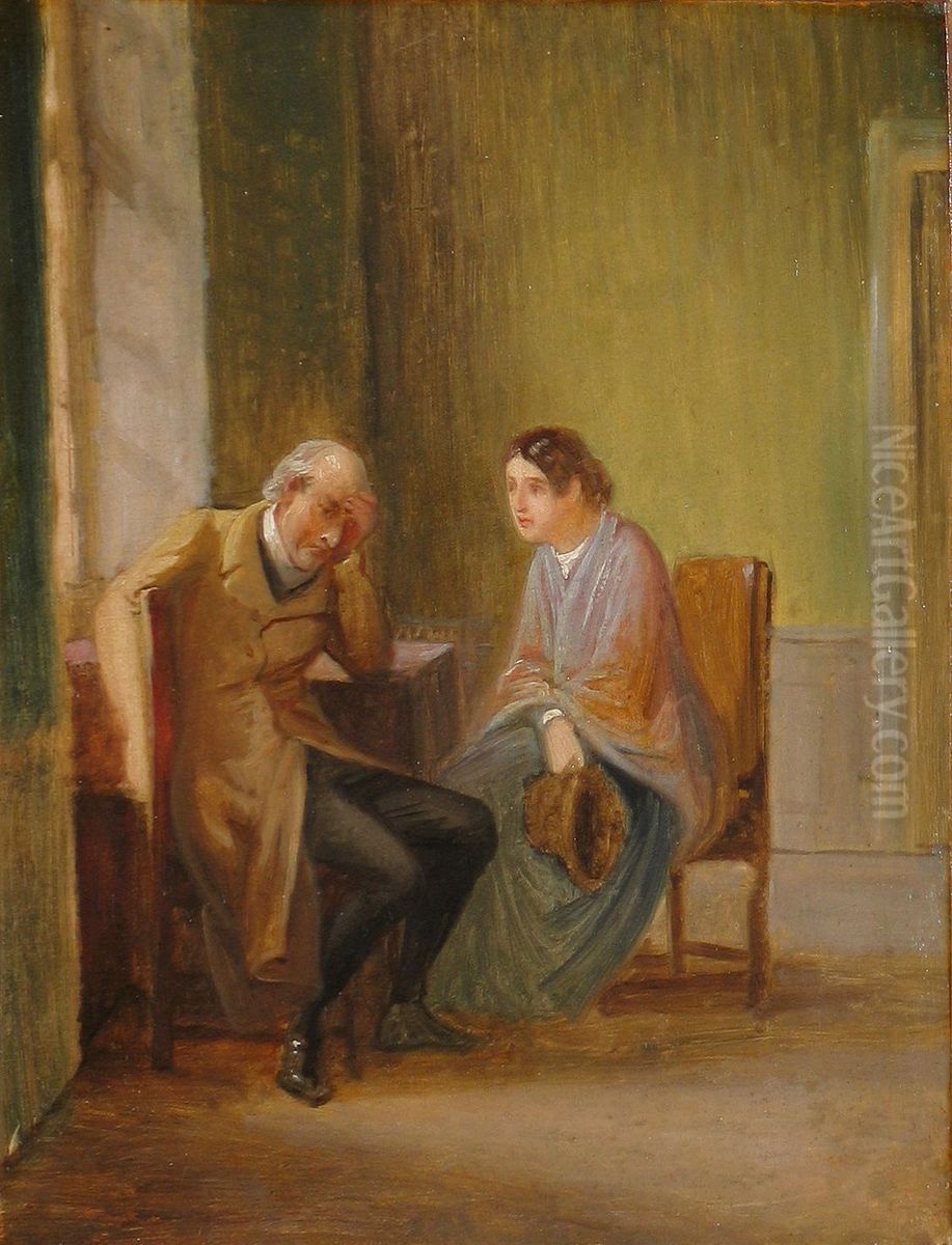 Interior with a sad old man and a young woman listening. Oil Painting by Wilhelm Marstrand