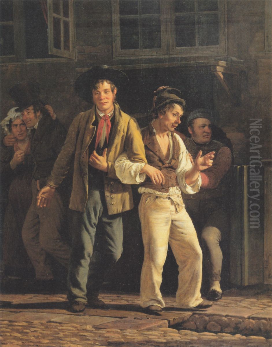 Drunkards leaving a cellar bar. Oil Painting by Wilhelm Marstrand