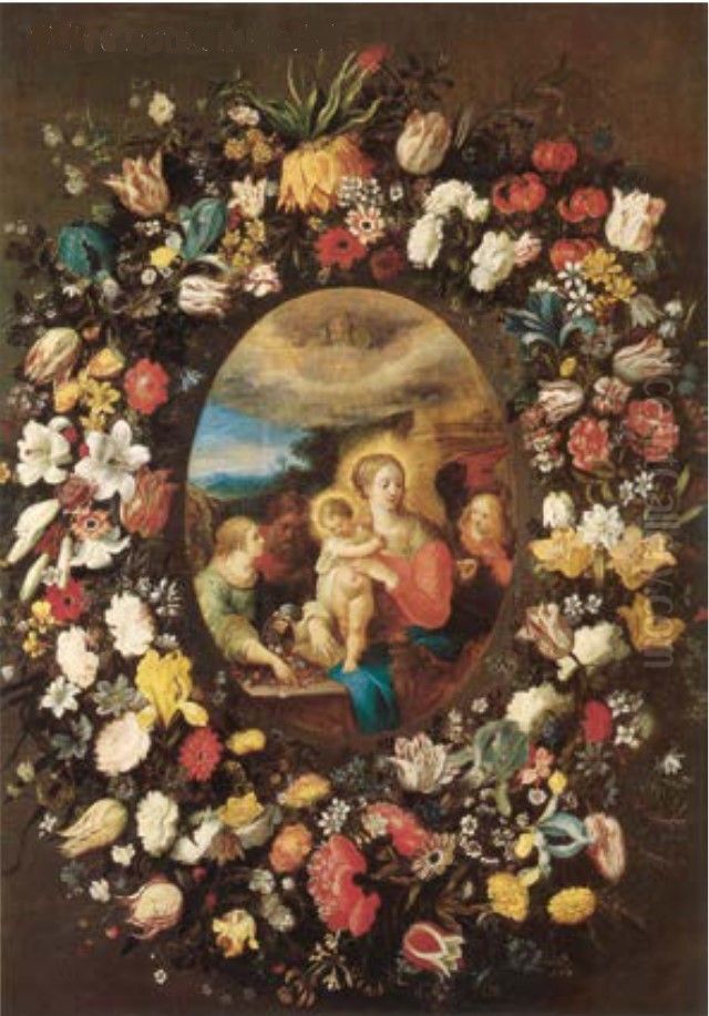 Garland of Flowers around an Image of the Holy Family and Angels Oil Painting by Frans Francken the Younger