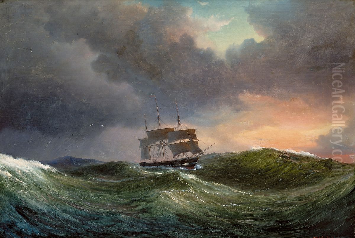 A frigate in rough weather at sunset. Oil Painting by Vilhelm Melbye