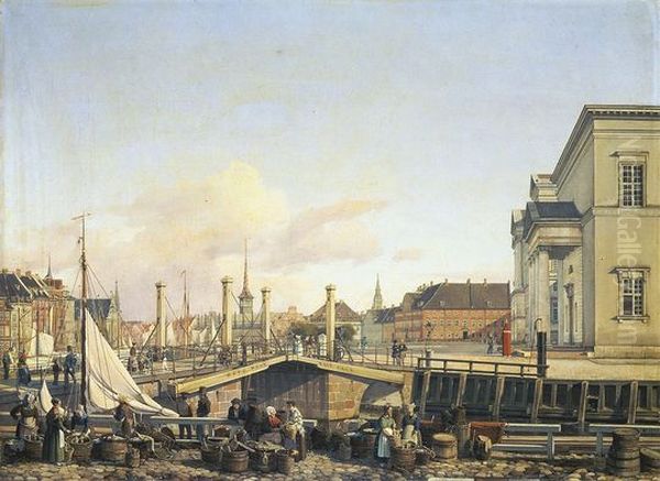 Hojbro and women selling fish at Gammel Strand in Copenhagen, Denmark. Oil Painting by Vilhelm Peter Carl Petersen