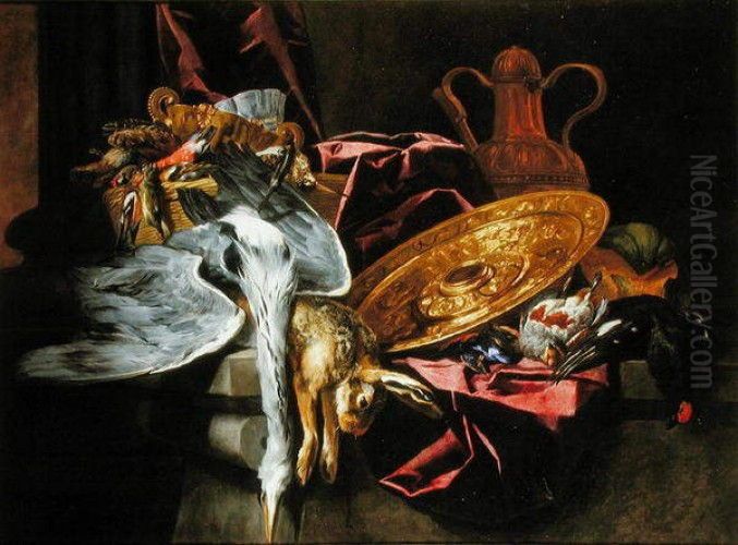 Still life with poultry, game and tableware Oil Painting by Pieter Boel
