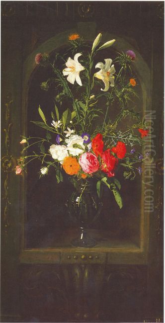 Flowers in a glass vase in a decorated niche Oil Painting by Daniel Seghers