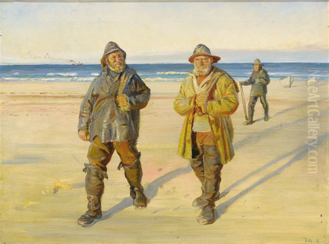 Fiskere vende hjem fra Nordstranden. Aftensol. Studie. Oil Painting by Michael Peter Ancher