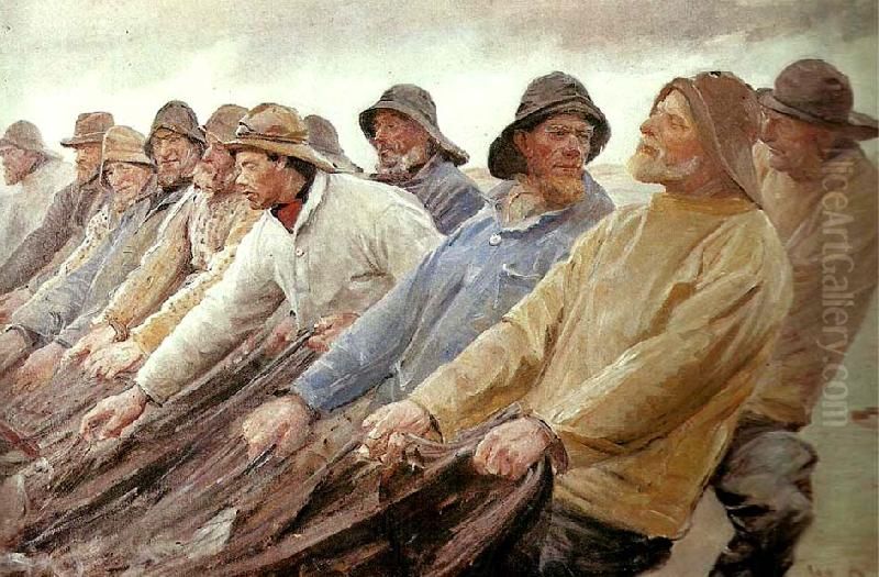 Fishermen pulling in a seine atSkagen Oil Painting by Michael Peter Ancher