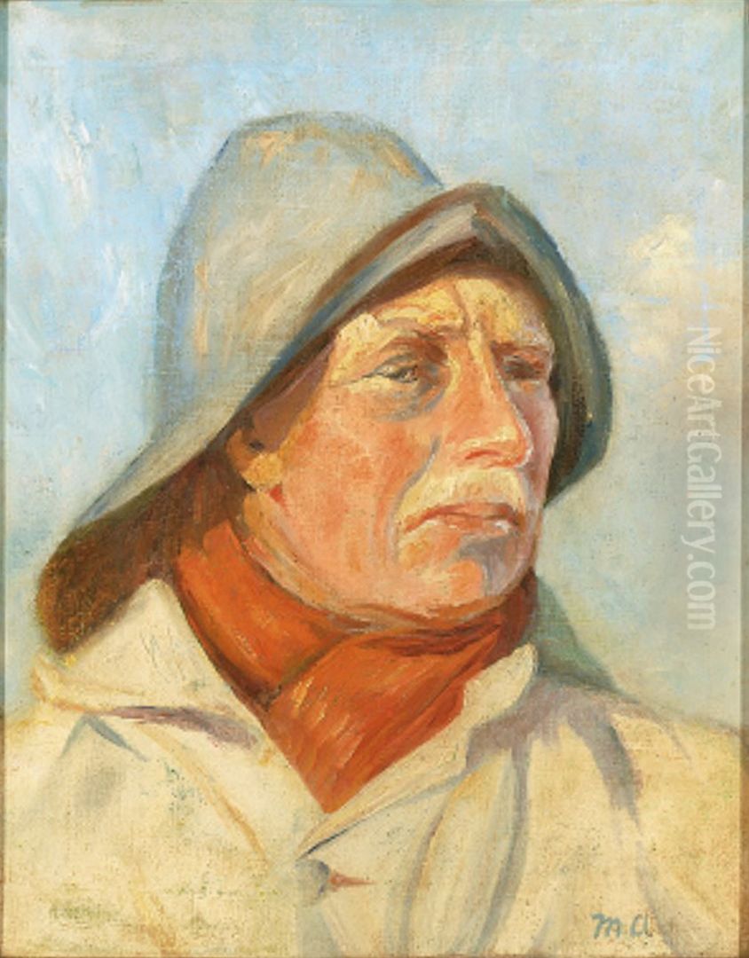 Fisker med sydvest og rod halsklud. Oil Painting by Michael Peter Ancher