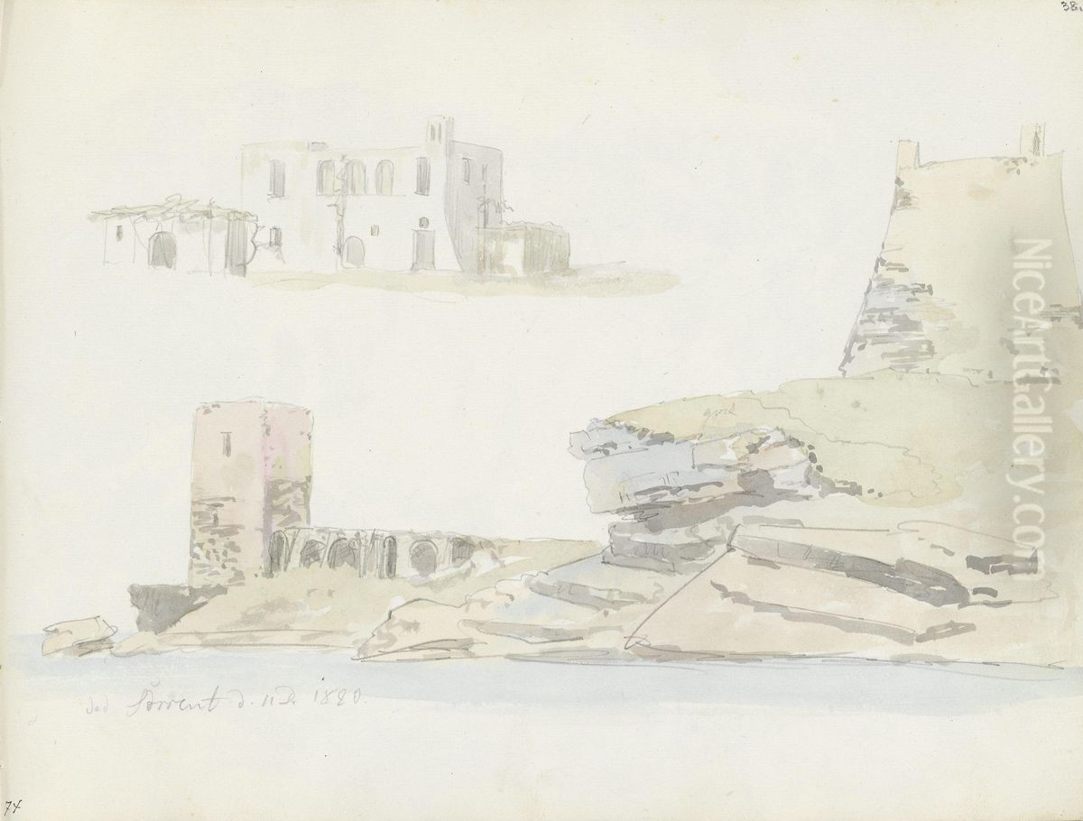 Bygninger; befestninger ved Sorrento Oil Painting by Johan Wilhelm Ludwig Dahl