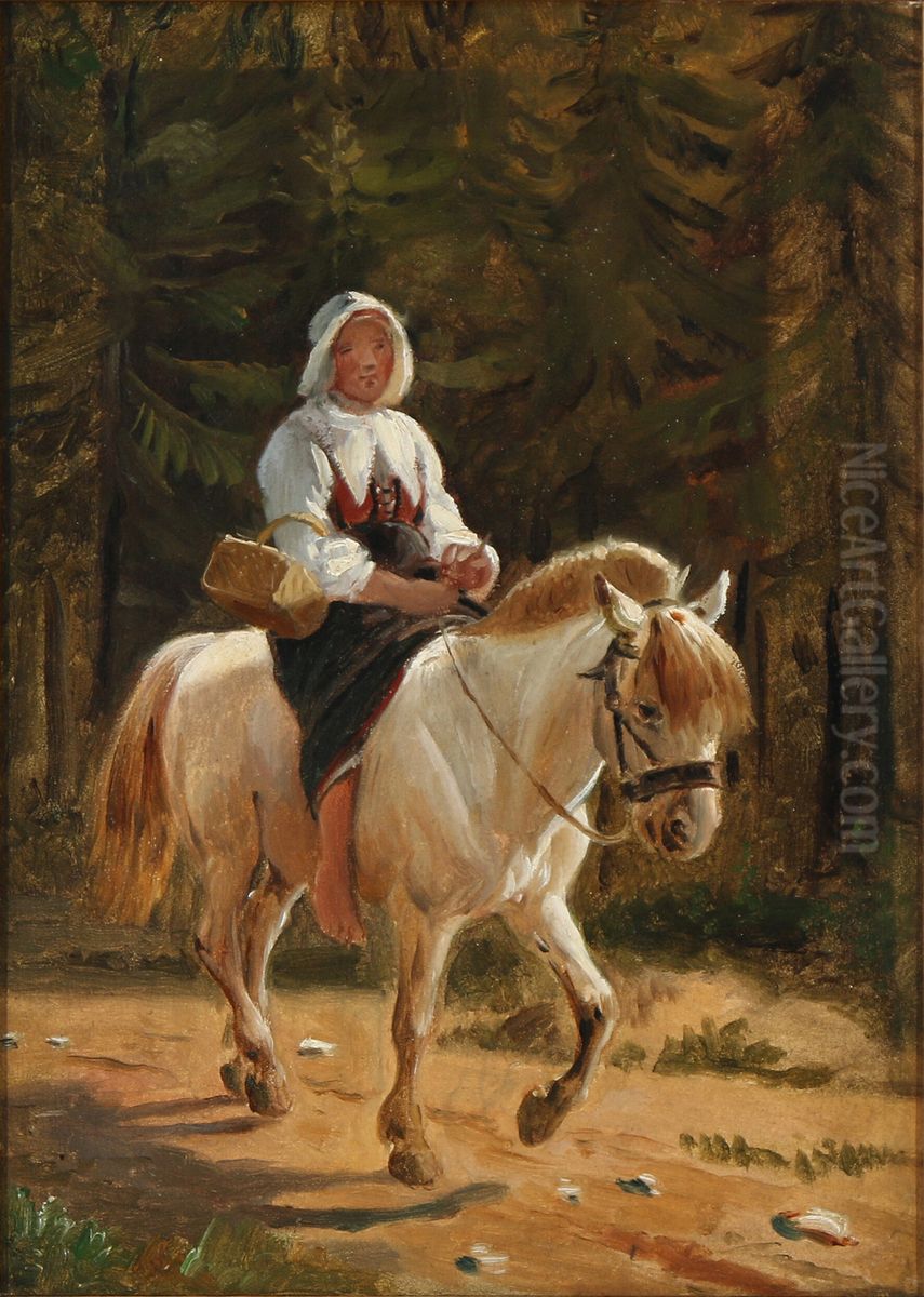Forest scene with a peasant girl on horseback Oil Painting by Wilhelm Marstrand