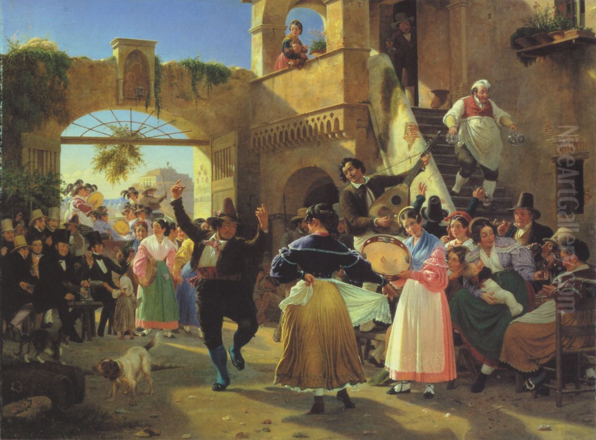 Romans gathered for merriment at an osteria. Oil Painting by Wilhelm Marstrand