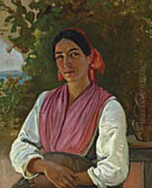 Portrait of a young Italian woman, seated near the water. Oil Painting by Wilhelm Marstrand