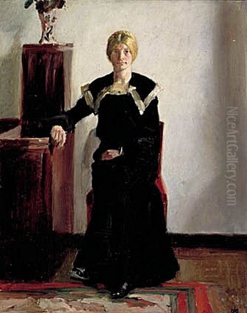 Interior fra kunstnerens hjem. En ung kvinde i sort kjole med stor krave lader sig portraettere. Oil Painting by Michael Peter Ancher