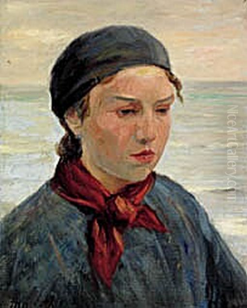 Fisher girl with a red scarf around her neck. Oil Painting by Michael Peter Ancher