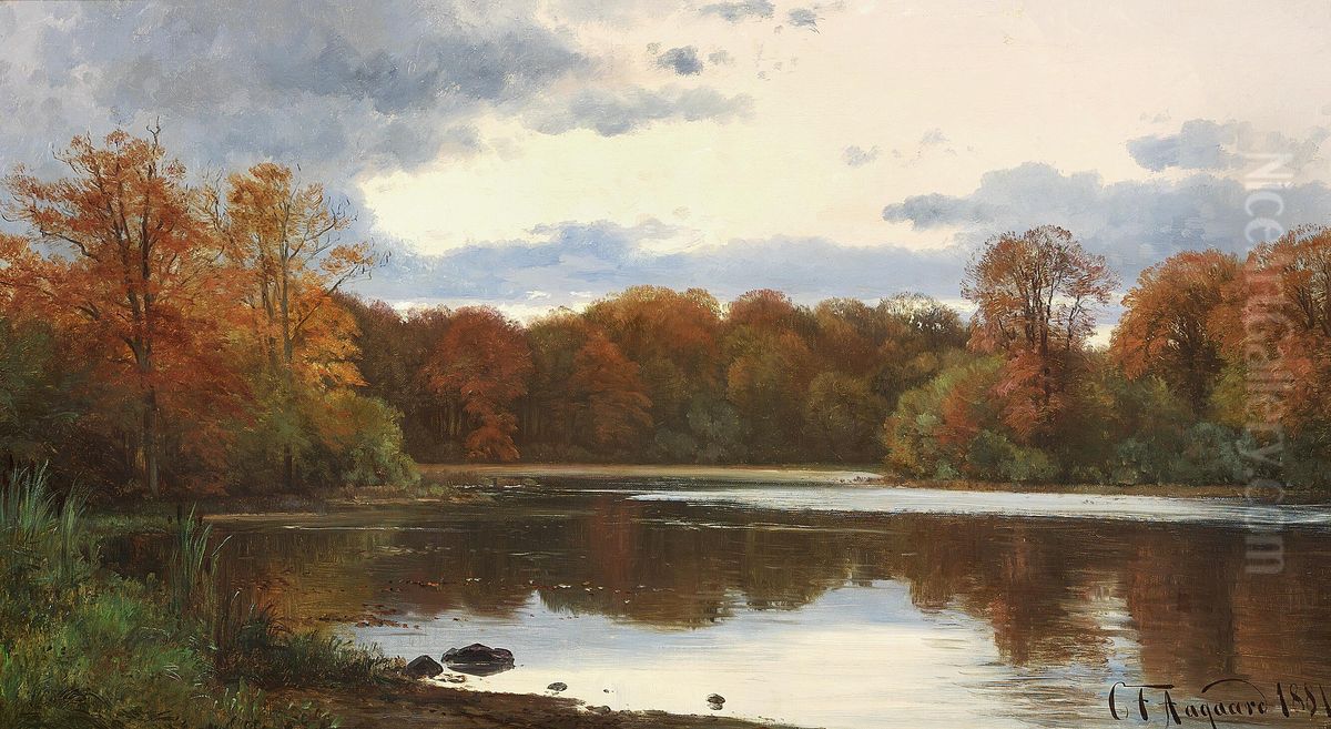 Sunset at a lake. Oil Painting by Carl Frederik Aagaard