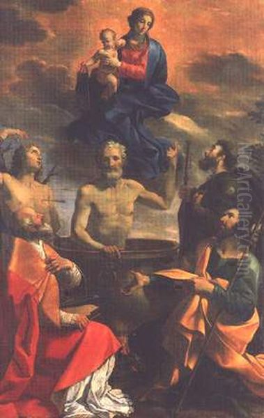 Madonna col Bambino e i santi Giacomo, Rocco, Giovanni Evangelista, Sebastiano e un papa martire Oil Painting by Guido Ubaldo Abbatini