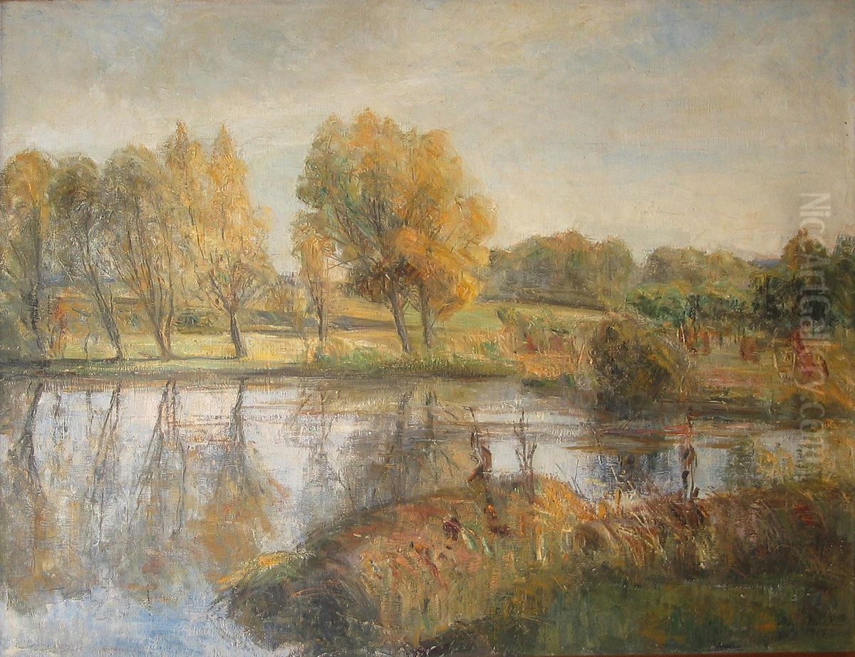 Tall trees at a lake. Oil Painting by Aage Bertelsen