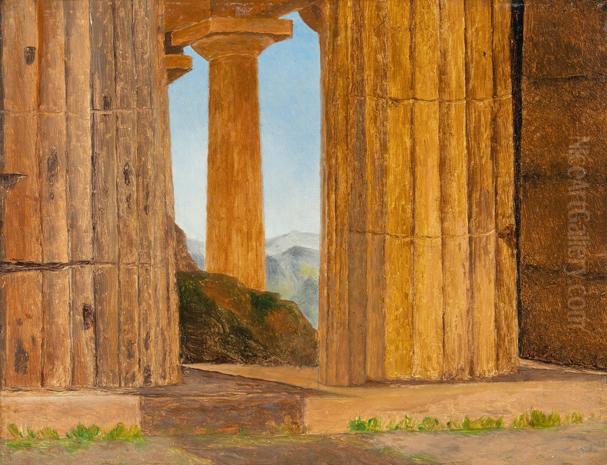 View of the Temple of Poseidon at Paestum. Study. Oil Painting by Constantin Hansen