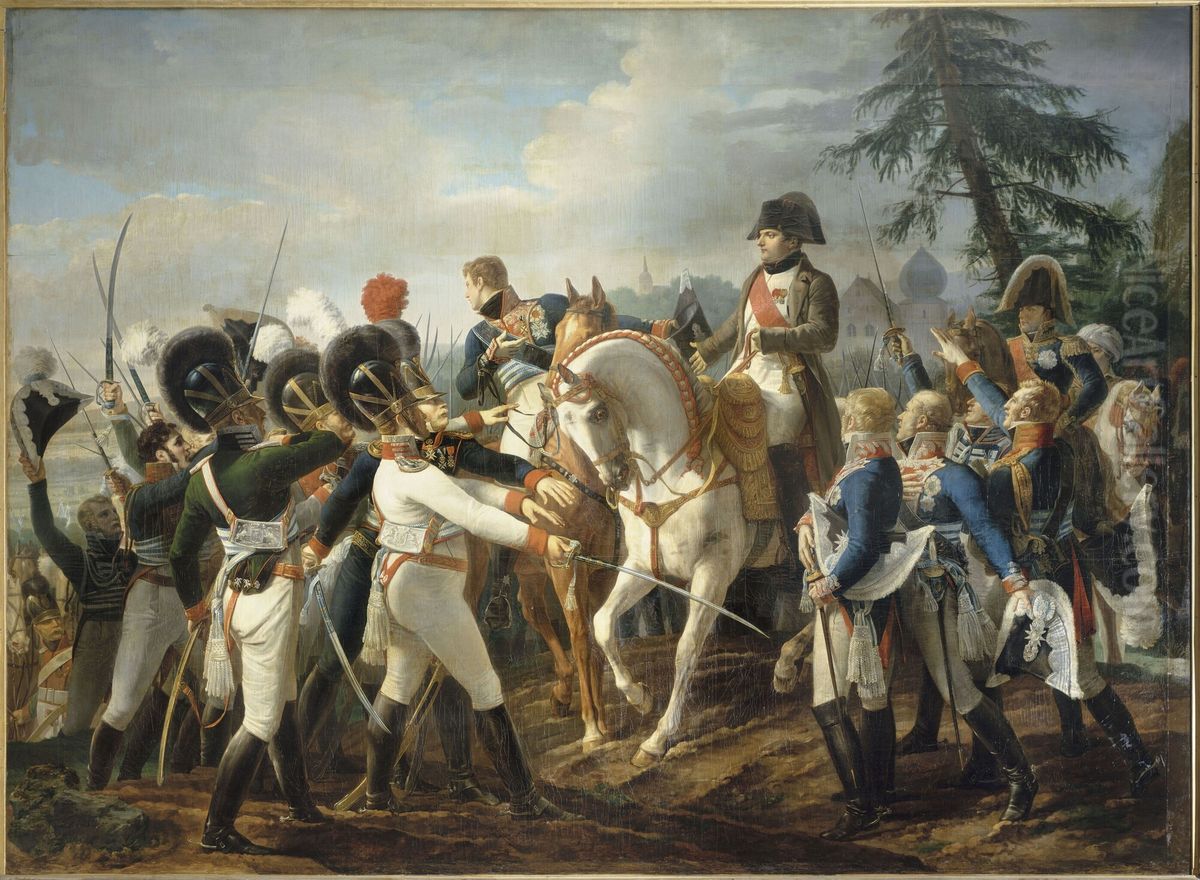 Napoleon harangue les troupes bavaroises et wurtembourgeoises a Abensberg, 20 avril 1809. Oil Painting by Jean Baptiste Debret