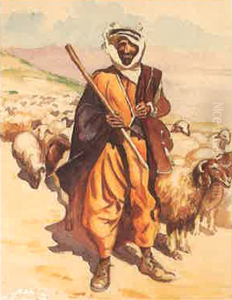 Berger Aux Environs De Baalbeck. Oil Painting by Moustafa Farroukh