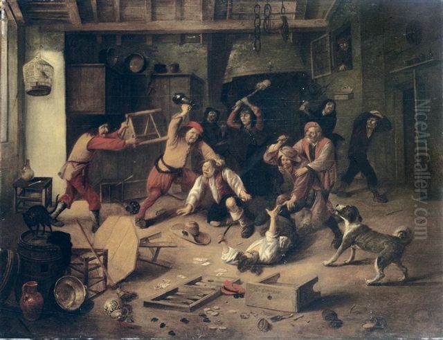 Peasants brawling in a tavern interior. Oil Painting by Abraham Diepraam