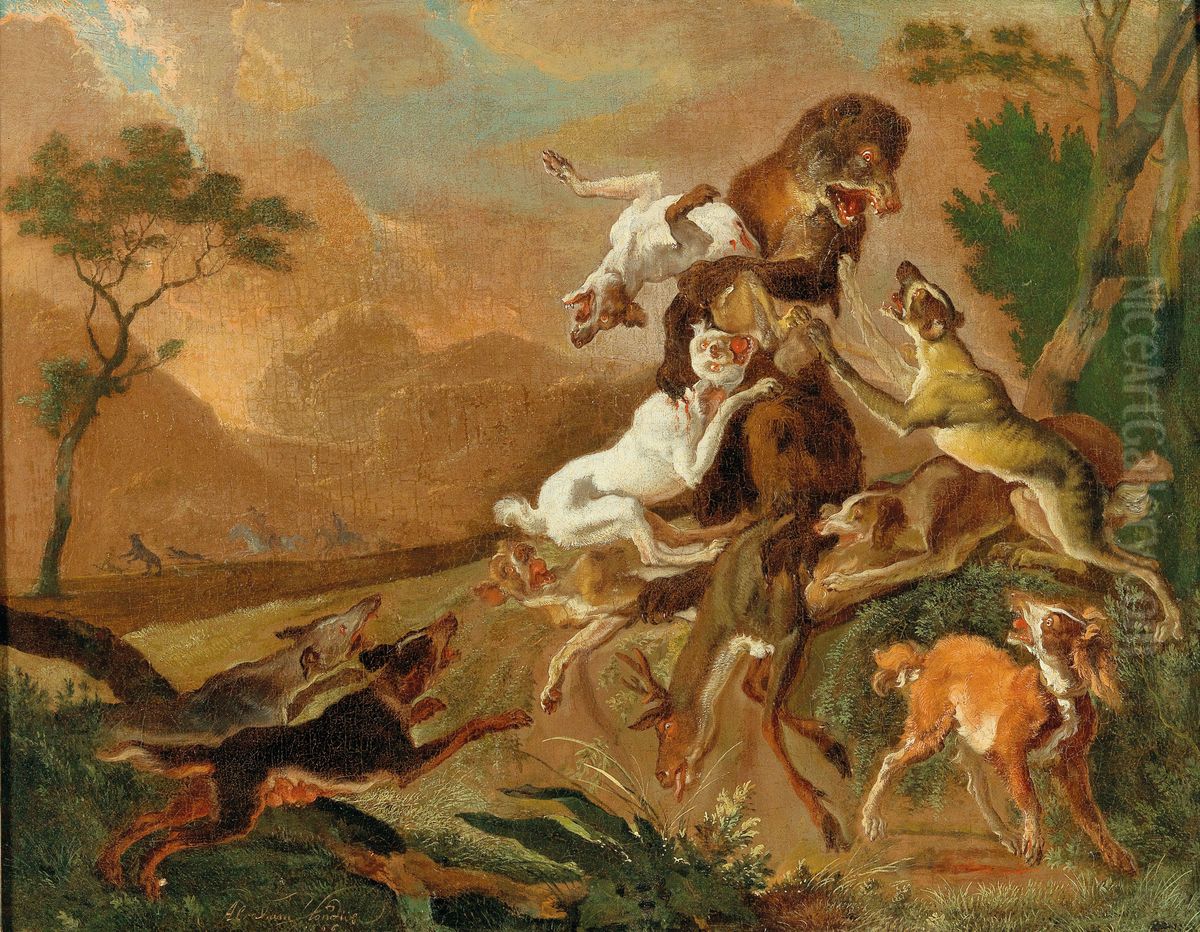 Hounds attacking a Bear Oil Painting by Abraham Danielsz. Hondius