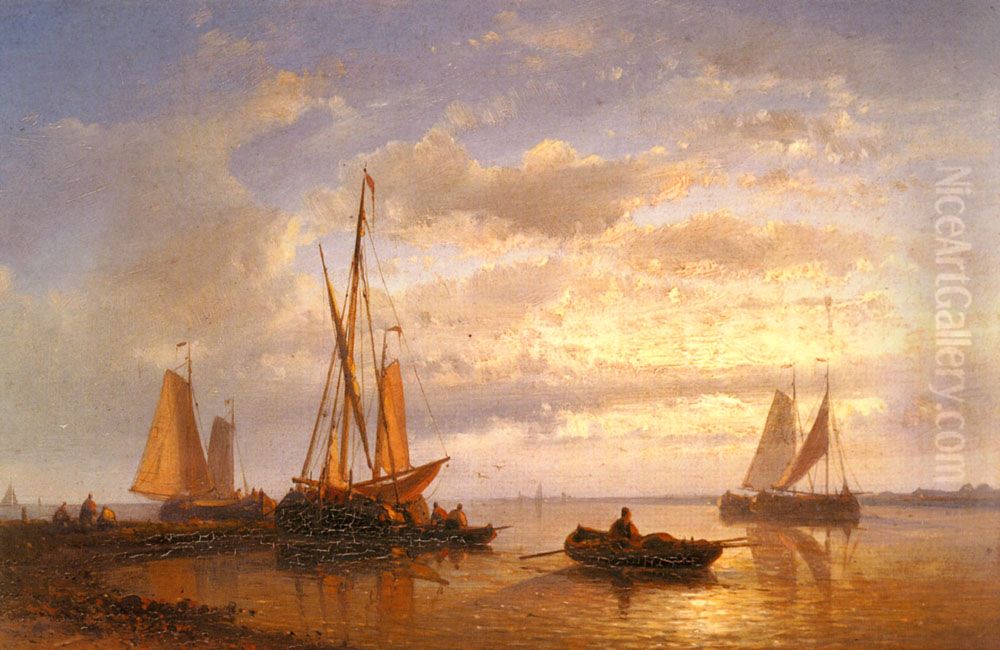 Dutch Fishing Vessels In A Calm At Sunset Oil Painting by Abraham Hulk Senior