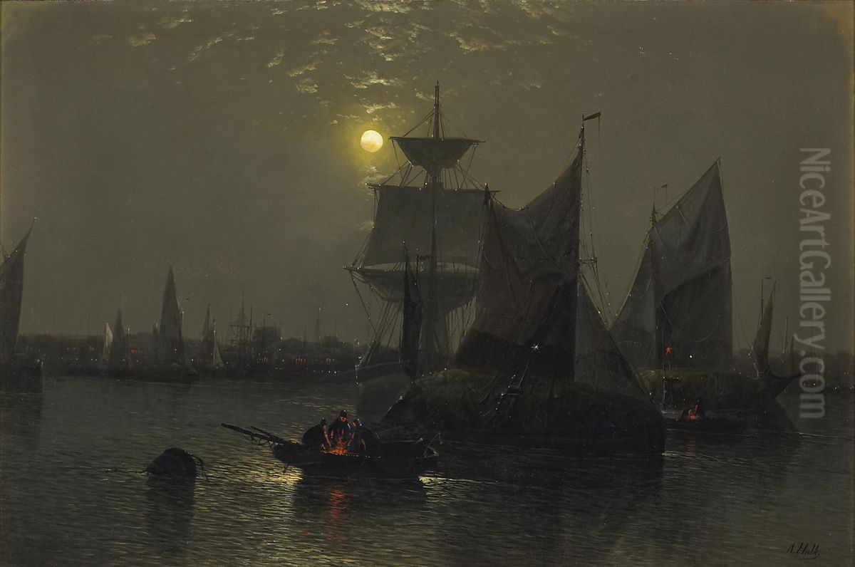 Sailing vessels in a moonlit harbor with fishermen and their boats in the foreground Oil Painting by Abraham Hulk Senior