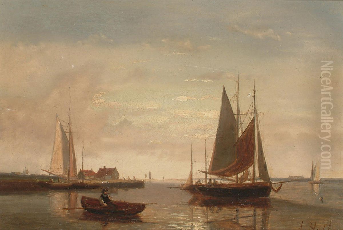 Fishing boats off a jetty (2) Oil Painting by Abraham Hulk Senior