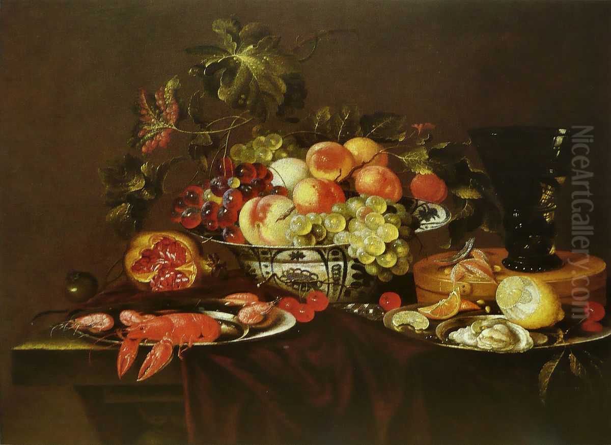 Crustaces, huitre et coupe de fruits avec un verre Oil Painting by Joris Van Son