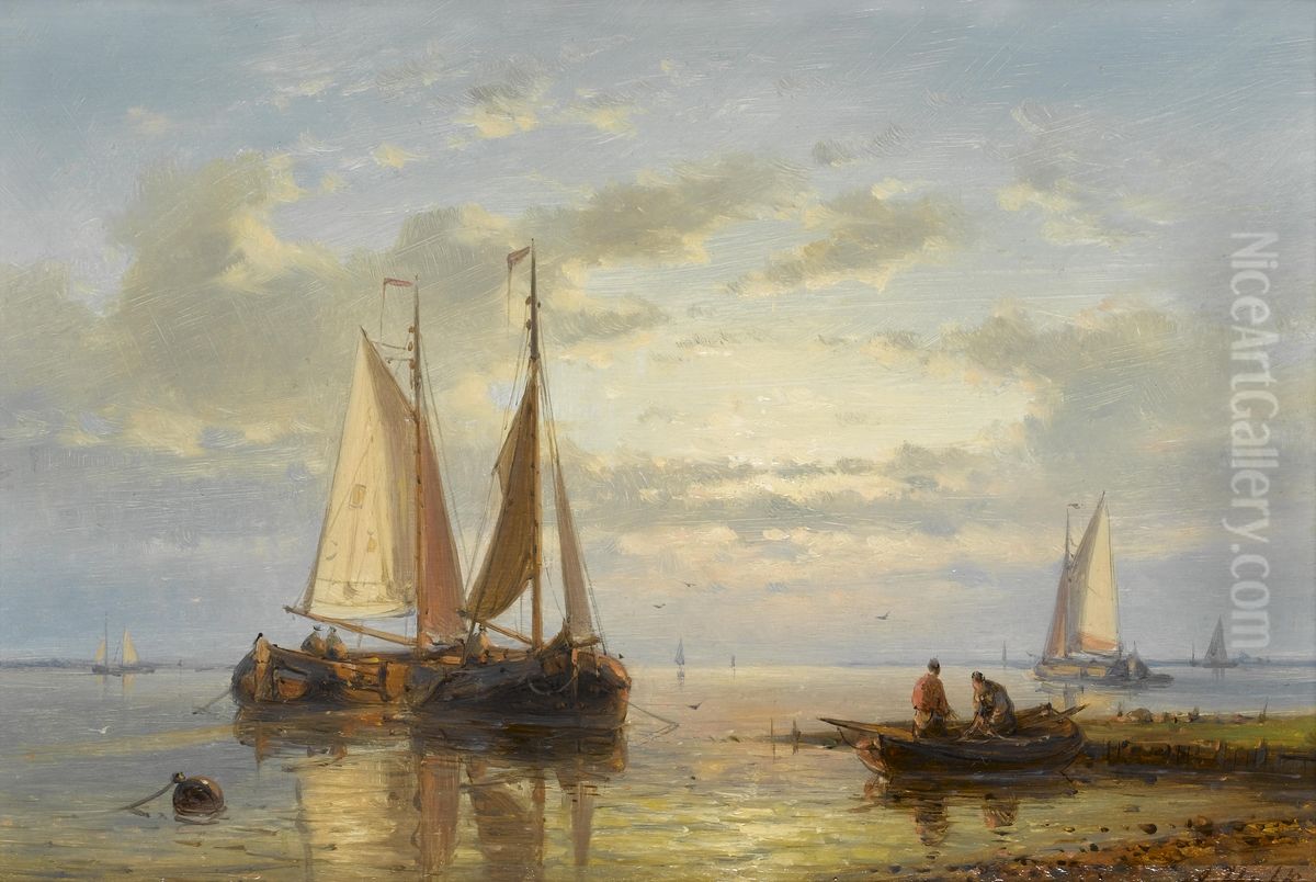 Fishing boats anchored in the shallows at dusk Oil Painting by Abraham Hulk Senior