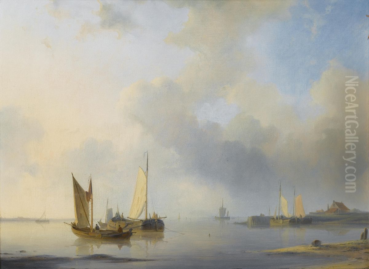 Dutch barges in a calm Oil Painting by Abraham Hulk Senior