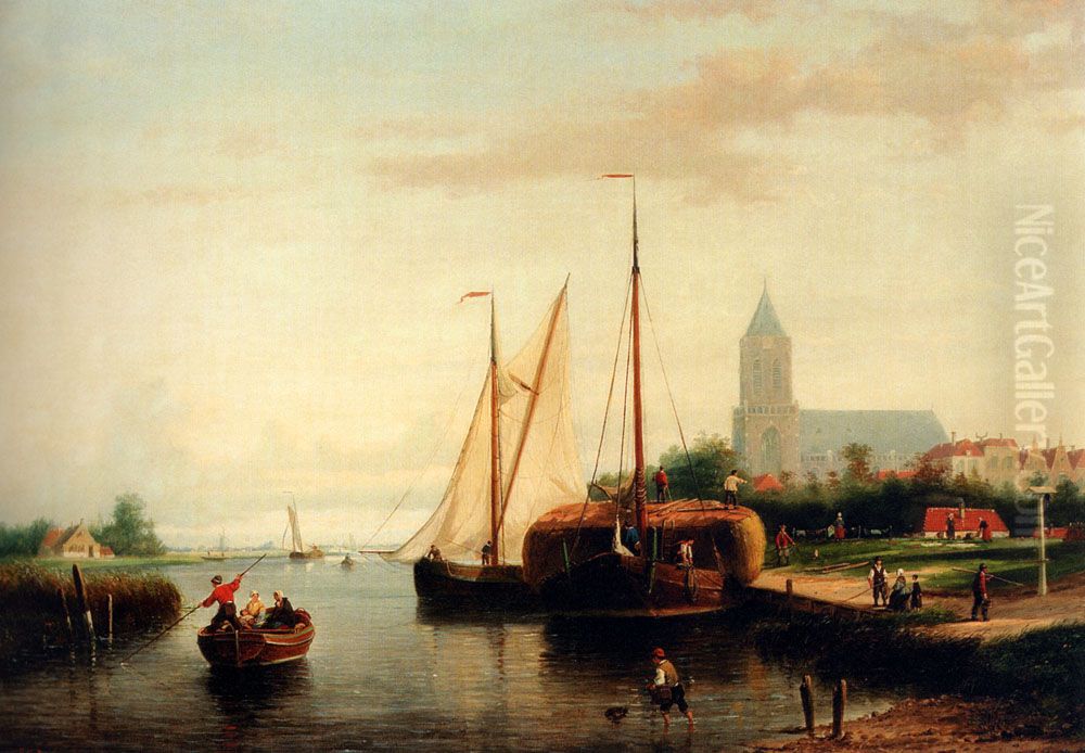 A Moored Haybarge And Other Shipping By A Bleach Field Oil Painting by Abraham Hulk Senior