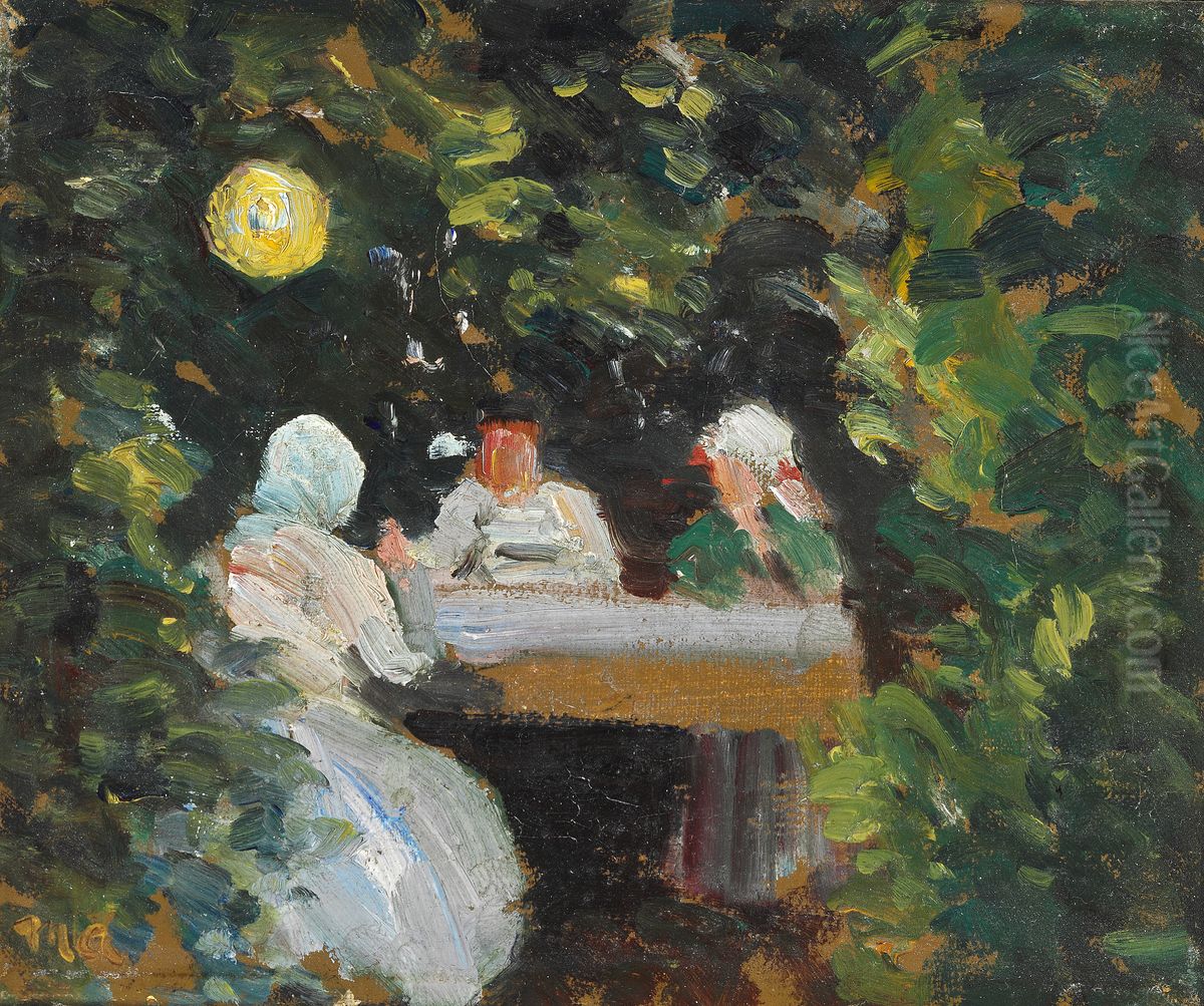A small gathering around the table in the light of the Chinese lantern a summer evening in the garden Oil Painting by Michael Peter Ancher