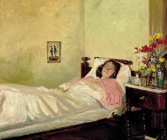 Interior med ung kvinde i sengen. Oil Painting by Michael Peter Ancher