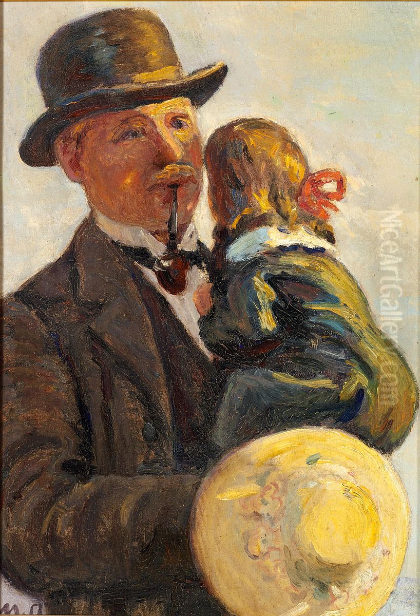 Piberygende herre med en lille pige pa armen. Oil Painting by Michael Peter Ancher