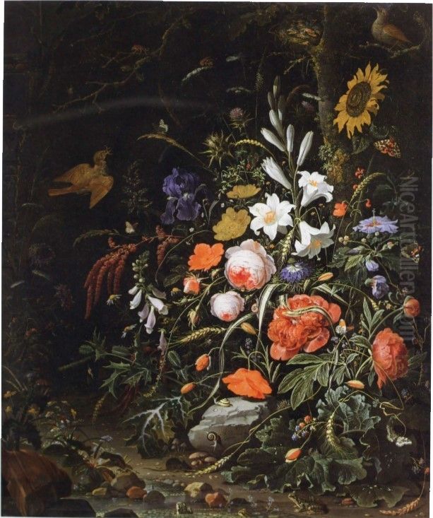 Roses, lilies, foxgloves and other flowers with birds and insects, frogs and a mouse by a woodland stream Oil Painting by Abraham Mignon