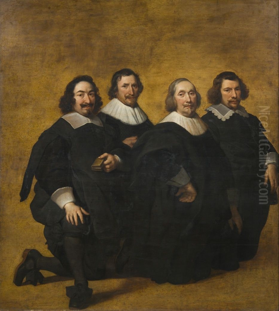 Portrait of four kneeling men Oil Painting by Pieter Van Der Plas