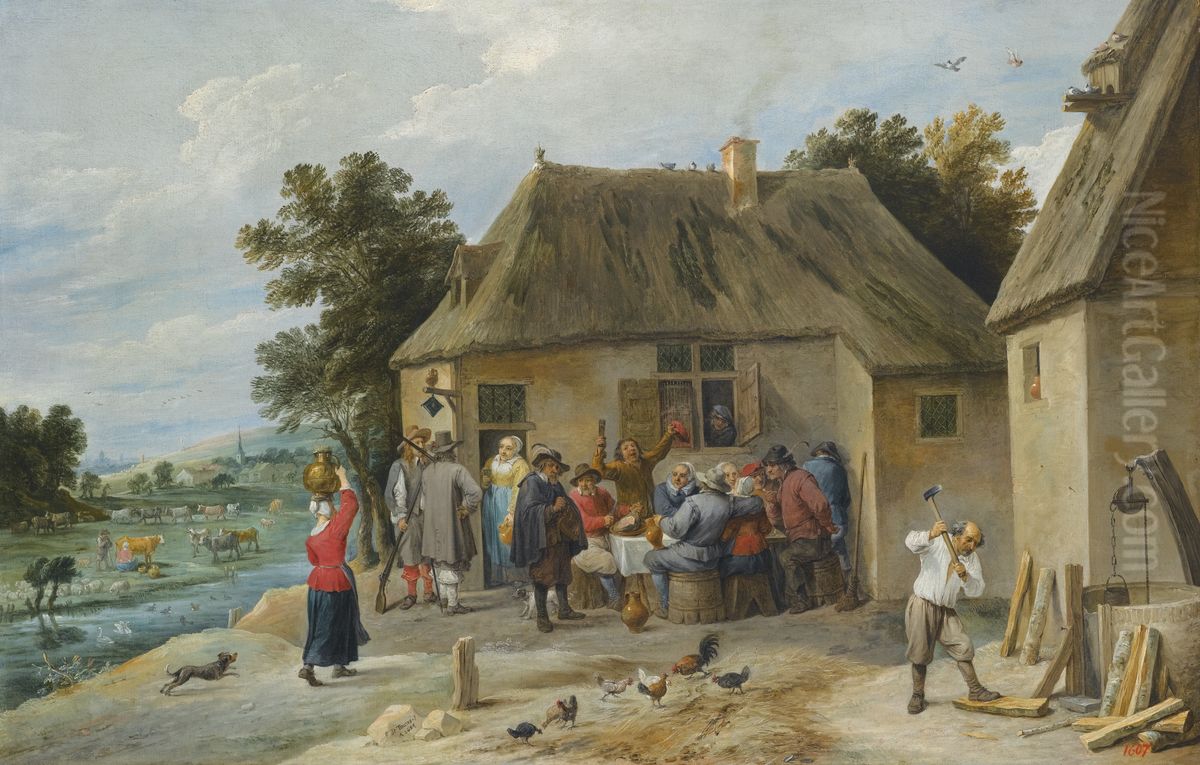 A Countryside Inn, with the innkeeper chopping wood Oil Painting by David Teniers the Younger