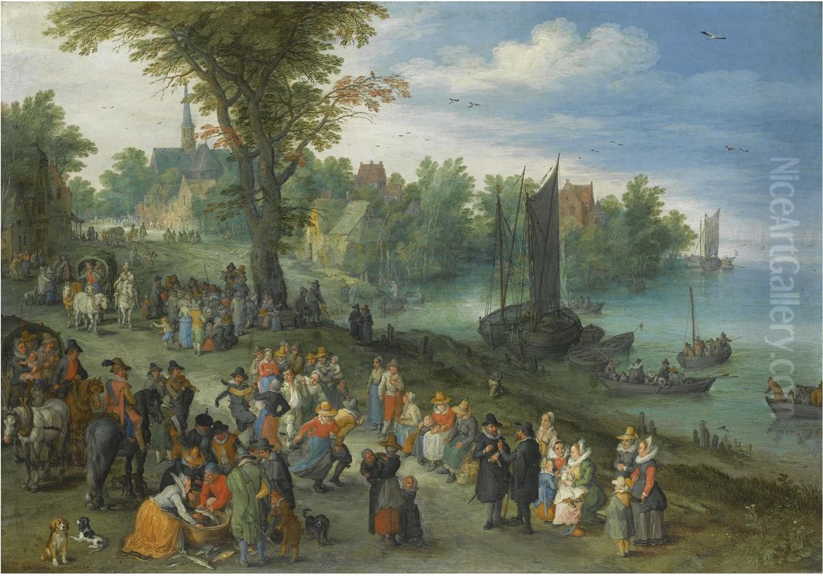 View of a village near a river, with figures at a landing place Oil Painting by Jan Brughel