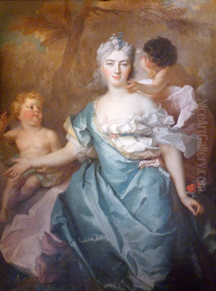 La marquise de la Tour Maubourg et ses deux filles Oil Painting by Nicolas de Largilliere