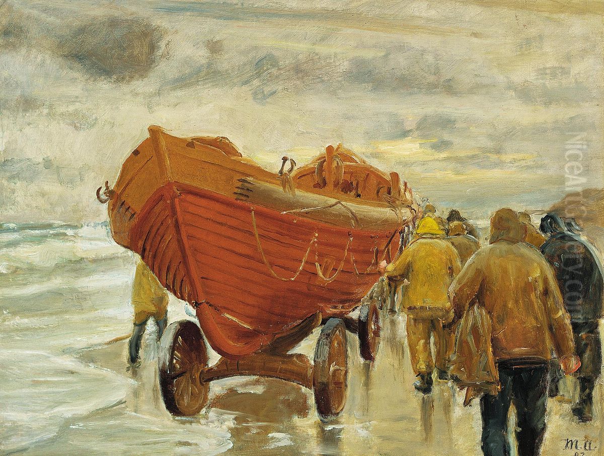 Fiskere traekker en redningsbad ud langs kysten. Oil Painting by Michael Peter Ancher