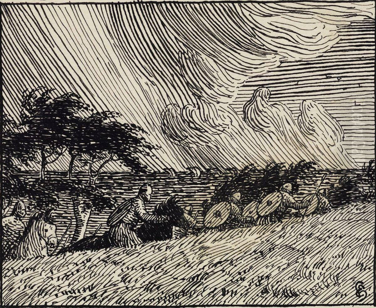 Finnenes haer fulgte etter pa land, etter hvert som kongen seilte utenfor Oil Painting by Halfdan Egedius