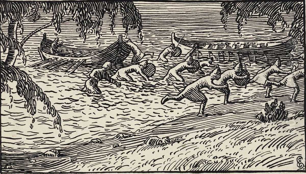 Roreks menn lop i land alle sammen, men Rorek satte seg opp i loftingen Oil Painting by Halfdan Egedius