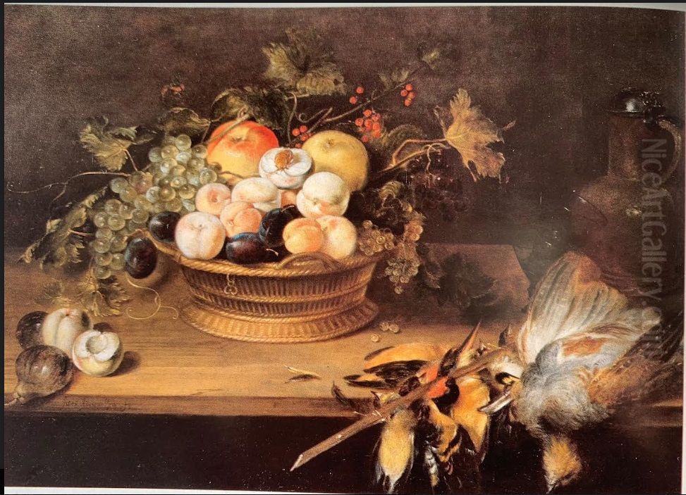 Poultry and fruit basket Oil Painting by Alexander Adriaenssen