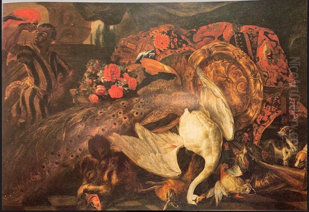 Game, flowers, silvergilt objects,  and a page Oil Painting by Jan Baptist Boel the Younger