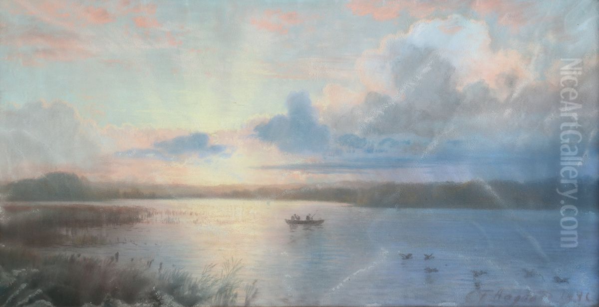 Fishing from a dinghy at daybreak. Oil Painting by Carl Frederik Aagaard