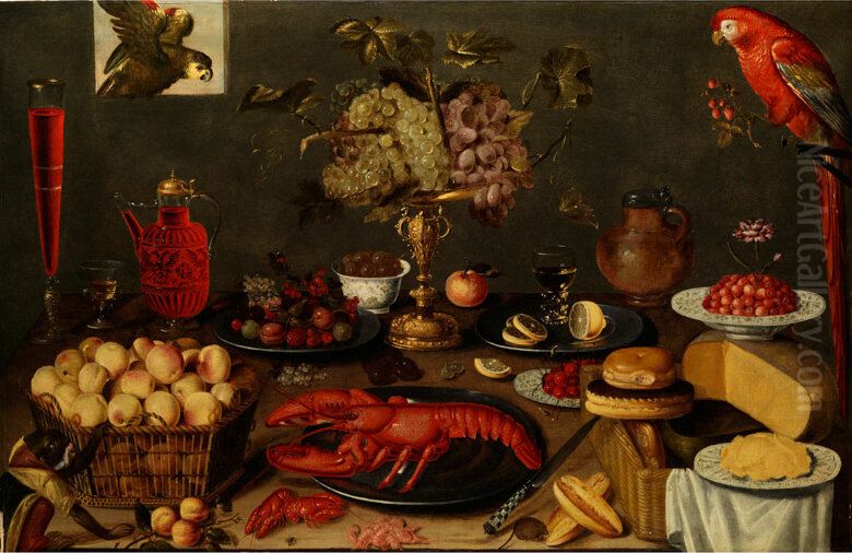Still life with a lobster, glasswork, bread, cheese and parrots Oil Painting by Artus Claessens