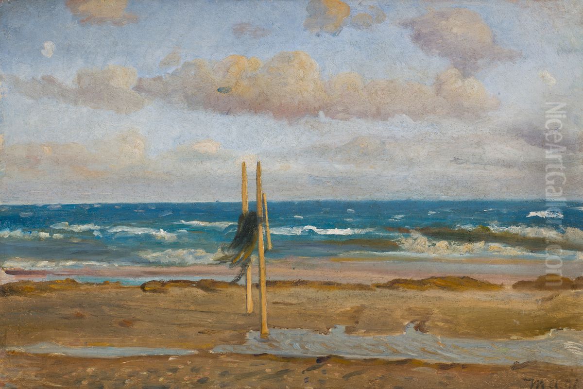 Study of a beach with nets hung up to dry. Oil Painting by Michael Peter Ancher